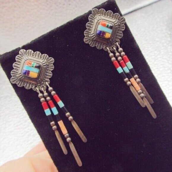 DRAMATIC ANTIQUE ZUNI STERLING INLAY TURQUOISE, CORAL, JET EARRINGS 4